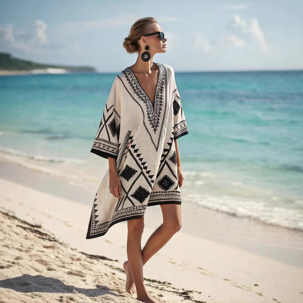 Women's Boho Geometric-Print V-Neck Asymmetric Kaftan Dress
