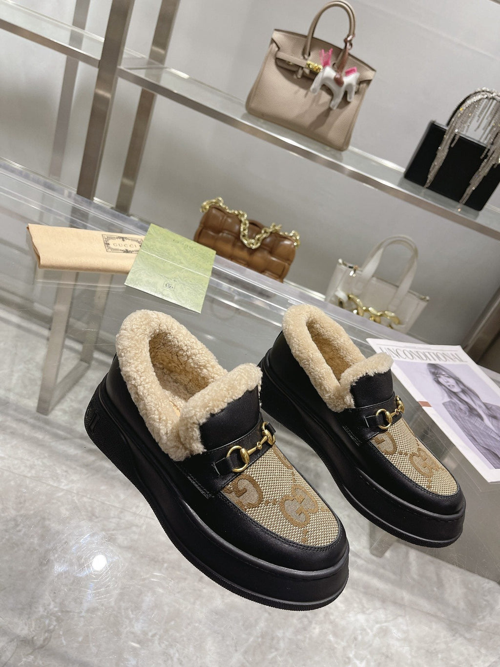 Gucci Patterned Plush-Trim Slip-On Snow Boots