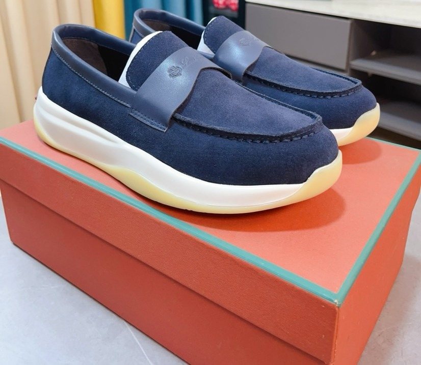 Loro Piana Navy Blue Contrast-Strap Loafers